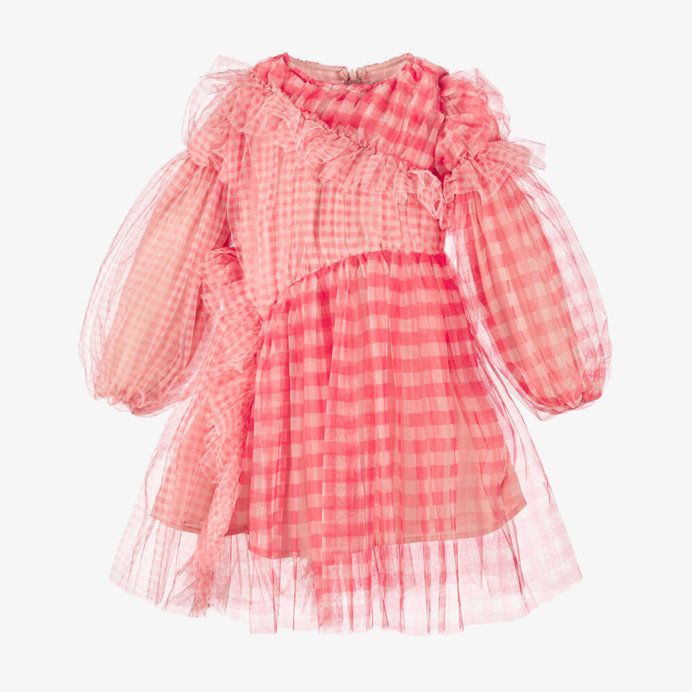 RaspberryPlum-Girls Pink Checked Tulle Ruffle Dress | Childrensalon Outlet