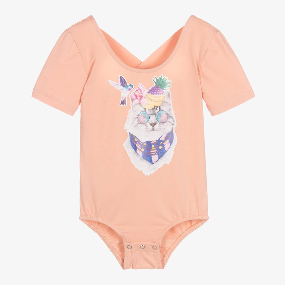 RaspberryPlum - Girls Pink Cotton Cat Print Bodysuit  | Childrensalon