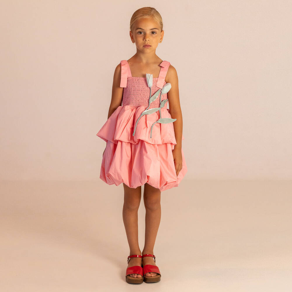 RaspberryPlum-Girls Pink Cotton Puffball Dress with 3D Flowers | Childrensalon Outlet
