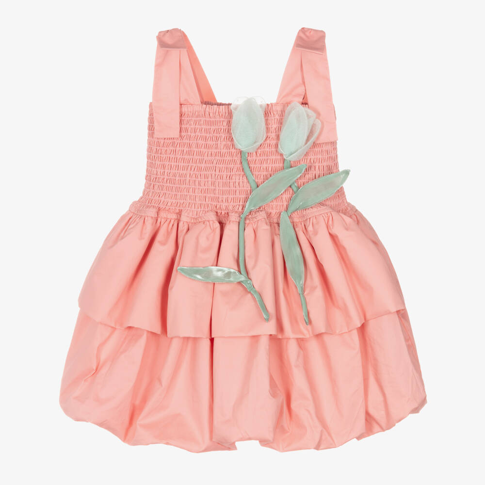 RaspberryPlum-Girls Pink Cotton Puffball Dress with 3D Flowers | Childrensalon Outlet