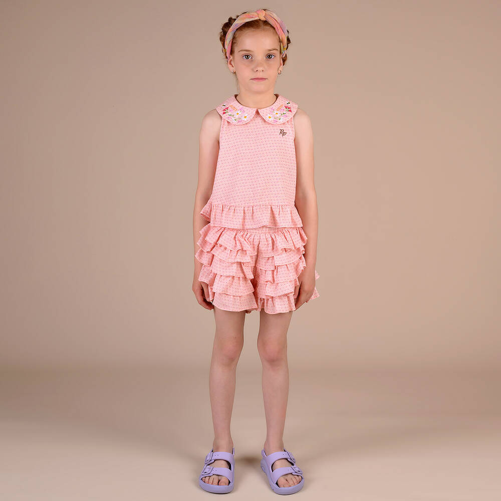 راسبيري بلام -شورت قطن وفيسكوز لون زهري مزين بكشكش للبنات | Childrensalon Outlet