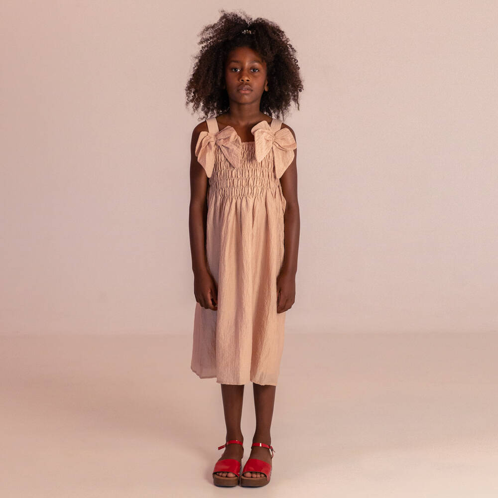 RaspberryPlum-Girls Pink Crinkled Fabric Dress with Bows | Childrensalon Outlet