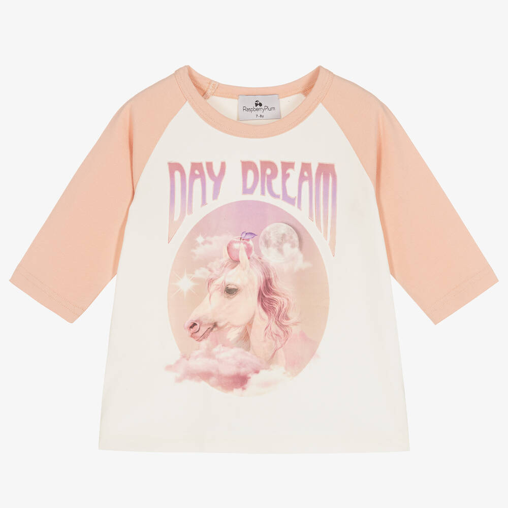 RaspberryPlum - T-shirt rose et ivoire en coton | Childrensalon