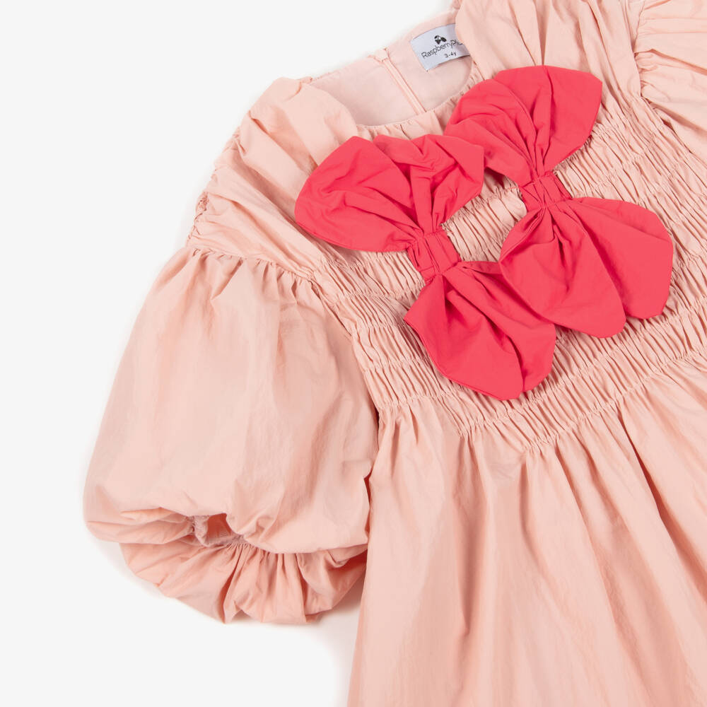 RaspberryPlum-Girls Pink Taffeta Dress with Bows & Puffed Sleeves | Childrensalon Outlet