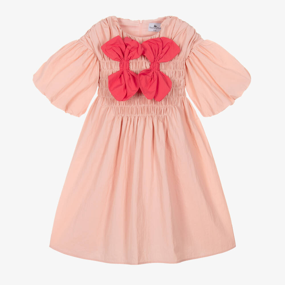 RaspberryPlum-Girls Pink Taffeta Dress with Bows & Puffed Sleeves | Childrensalon Outlet