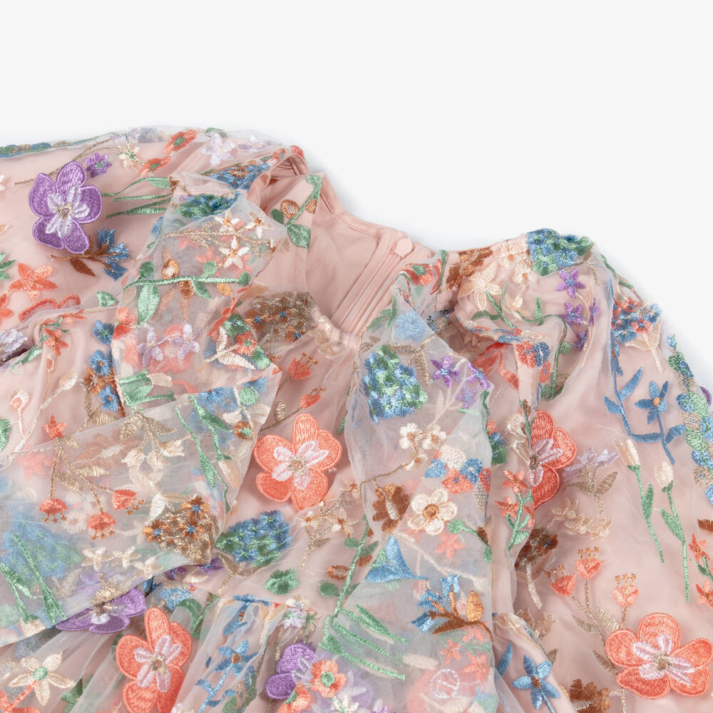 RaspberryPlum-Girls Pink Tulle Maxi Dress with Colourful Embroidered Flowers | Childrensalon Outlet