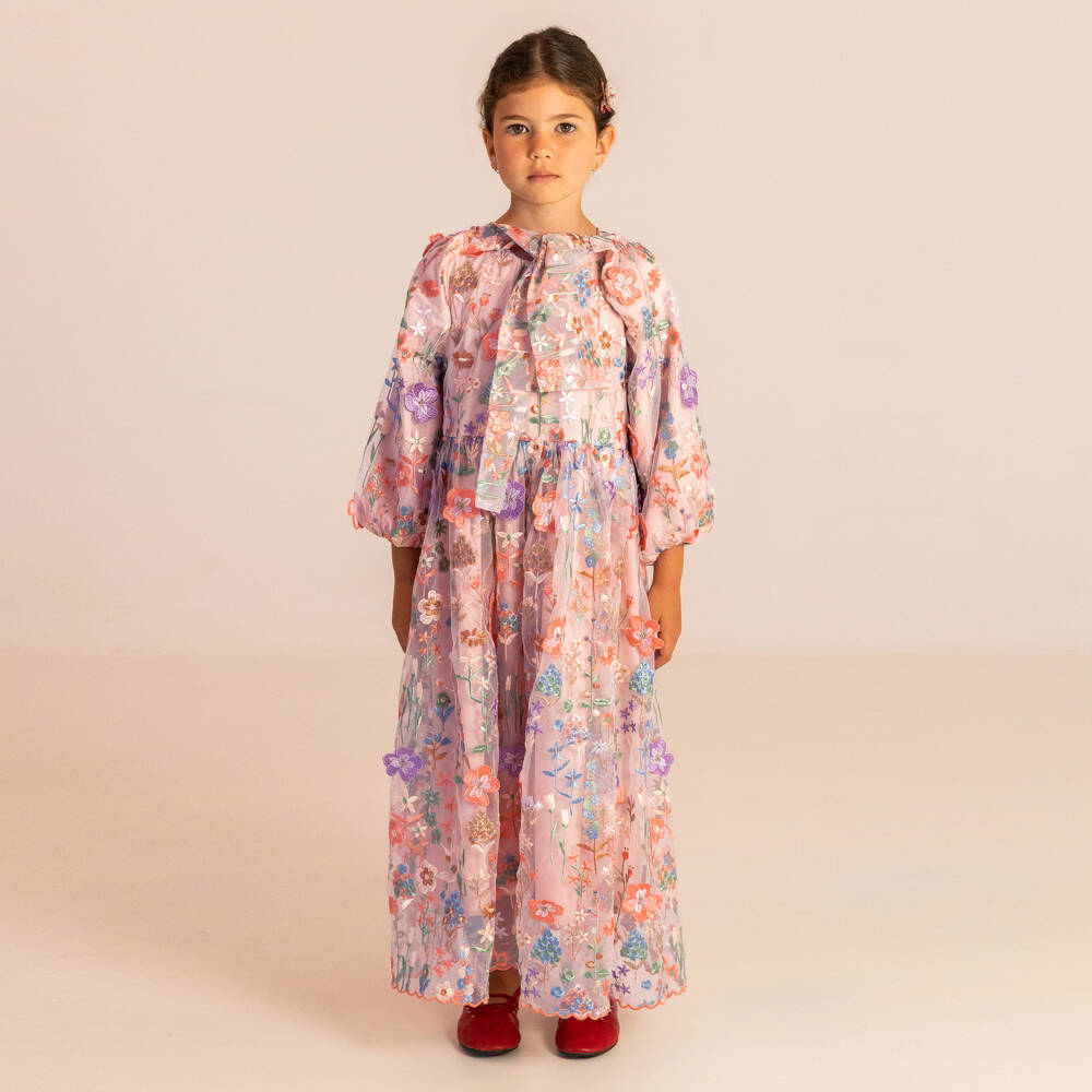 RaspberryPlum-Girls Pink Tulle Maxi Dress with Colourful Embroidered Flowers | Childrensalon Outlet