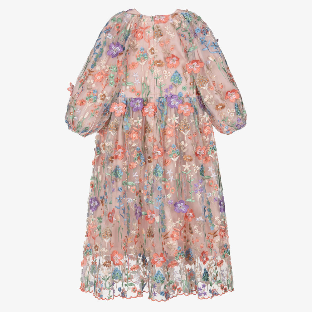RaspberryPlum-Girls Pink Tulle Maxi Dress with Colourful Embroidered Flowers | Childrensalon Outlet