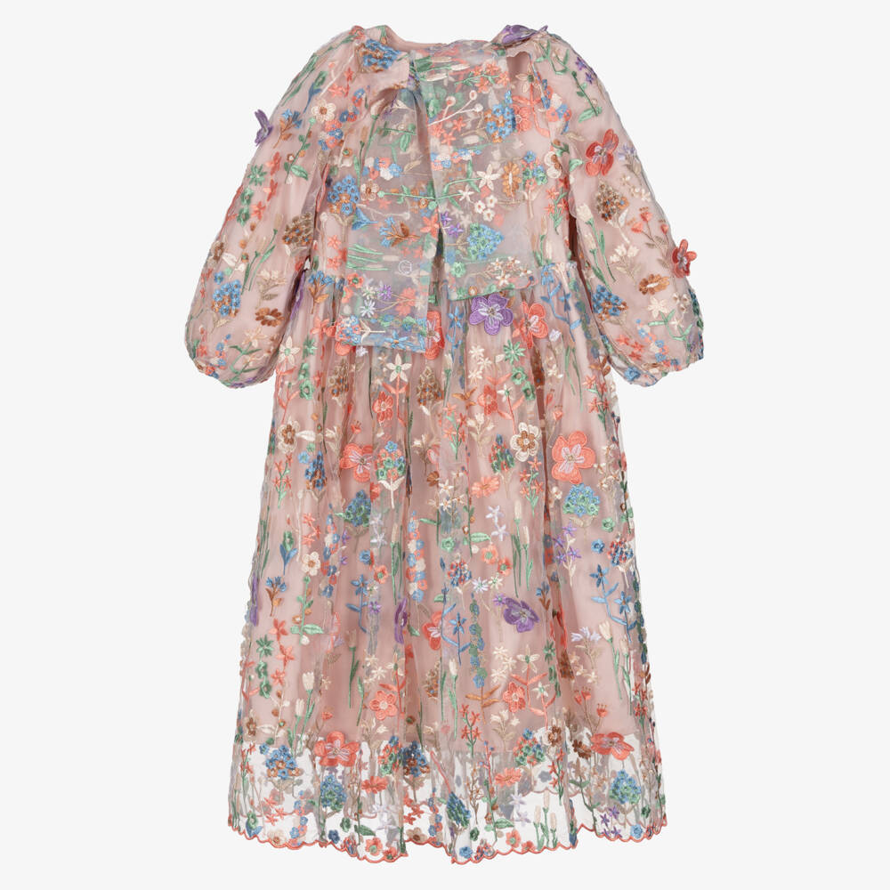 RaspberryPlum-Girls Pink Tulle Maxi Dress with Colourful Embroidered Flowers | Childrensalon Outlet
