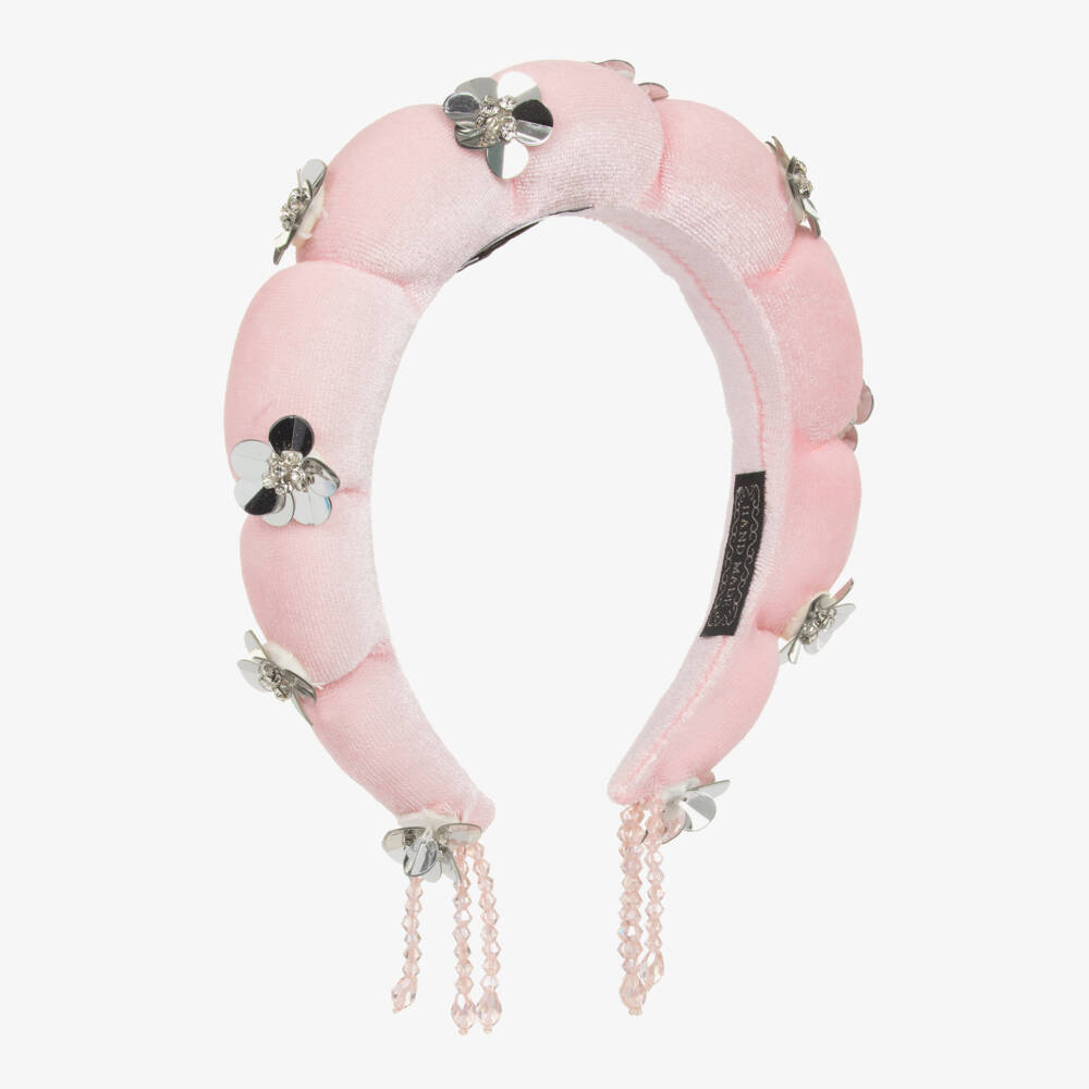 RaspberryPlum-Girls Pink Velvet & Sequin Flower Hairband | Childrensalon Outlet