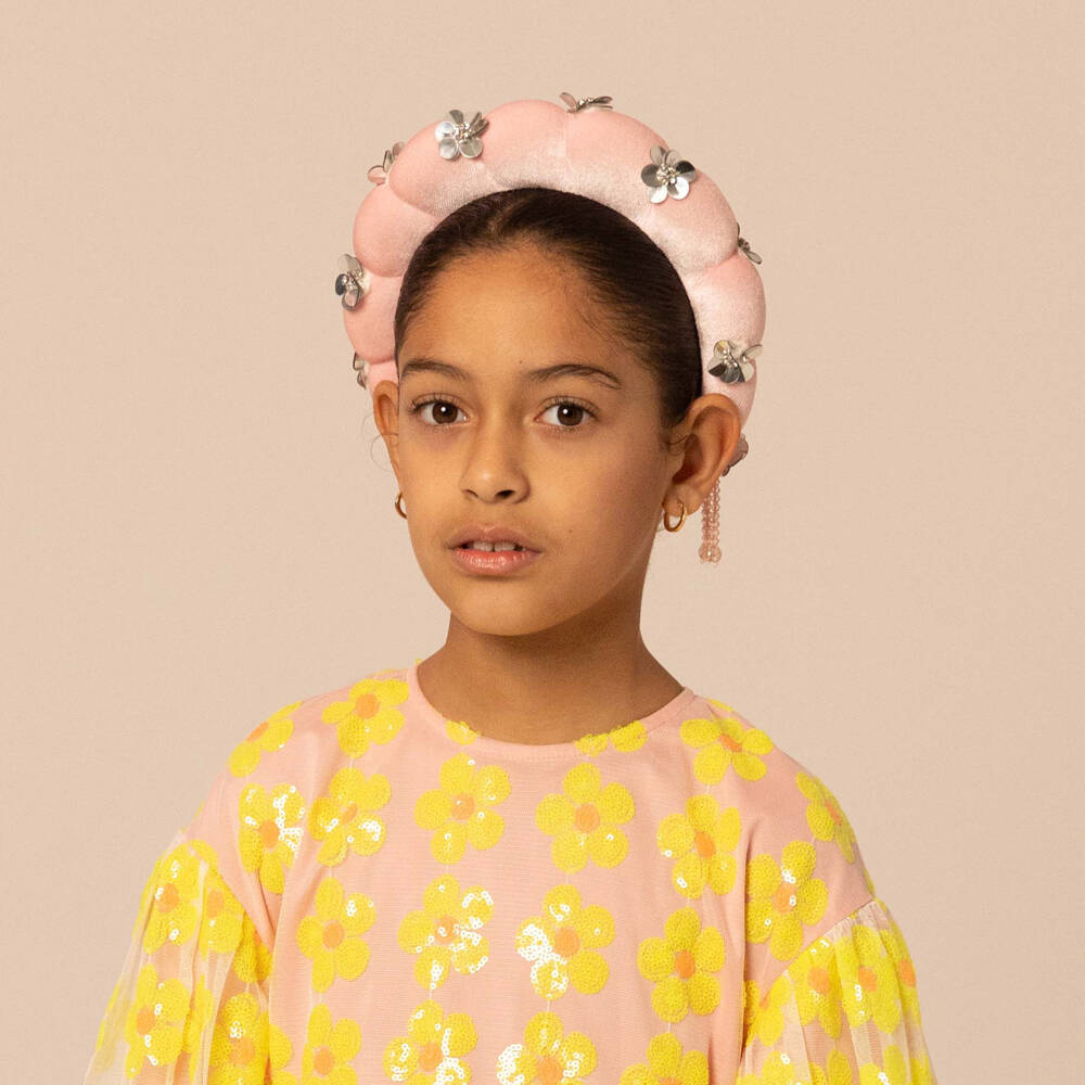 RaspberryPlum-Girls Pink Velvet & Sequin Flower Hairband | Childrensalon Outlet
