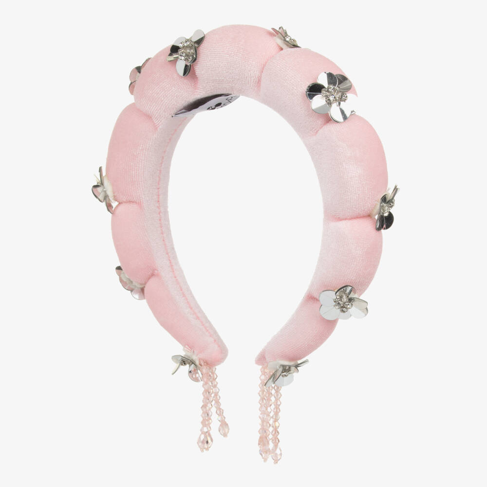 RaspberryPlum-Girls Pink Velvet & Sequin Flower Hairband | Childrensalon Outlet