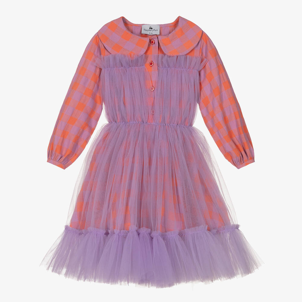 RaspberryPlum - Фиолетово-оранжевое платье из тюля в мелкую клетку | Childrensalon