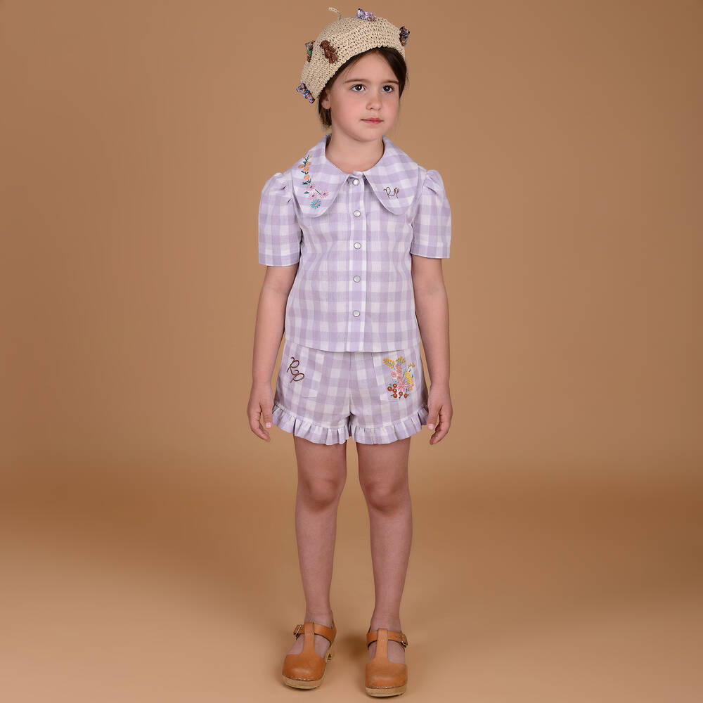 راسبيري بلام -بلوز قطن كاروهات لون بنفسجي وأبيض للبنات | Childrensalon Outlet