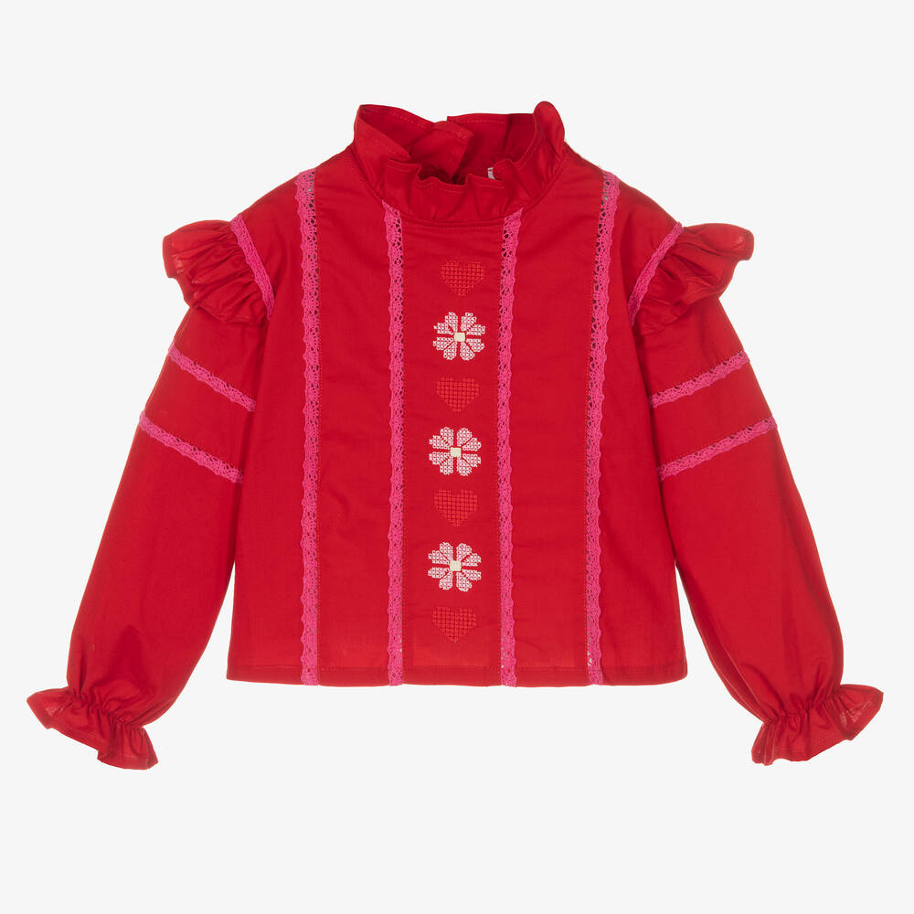 RaspberryPlum - Красная хлопковая блузка с кружевом для девочек | Childrensalon
