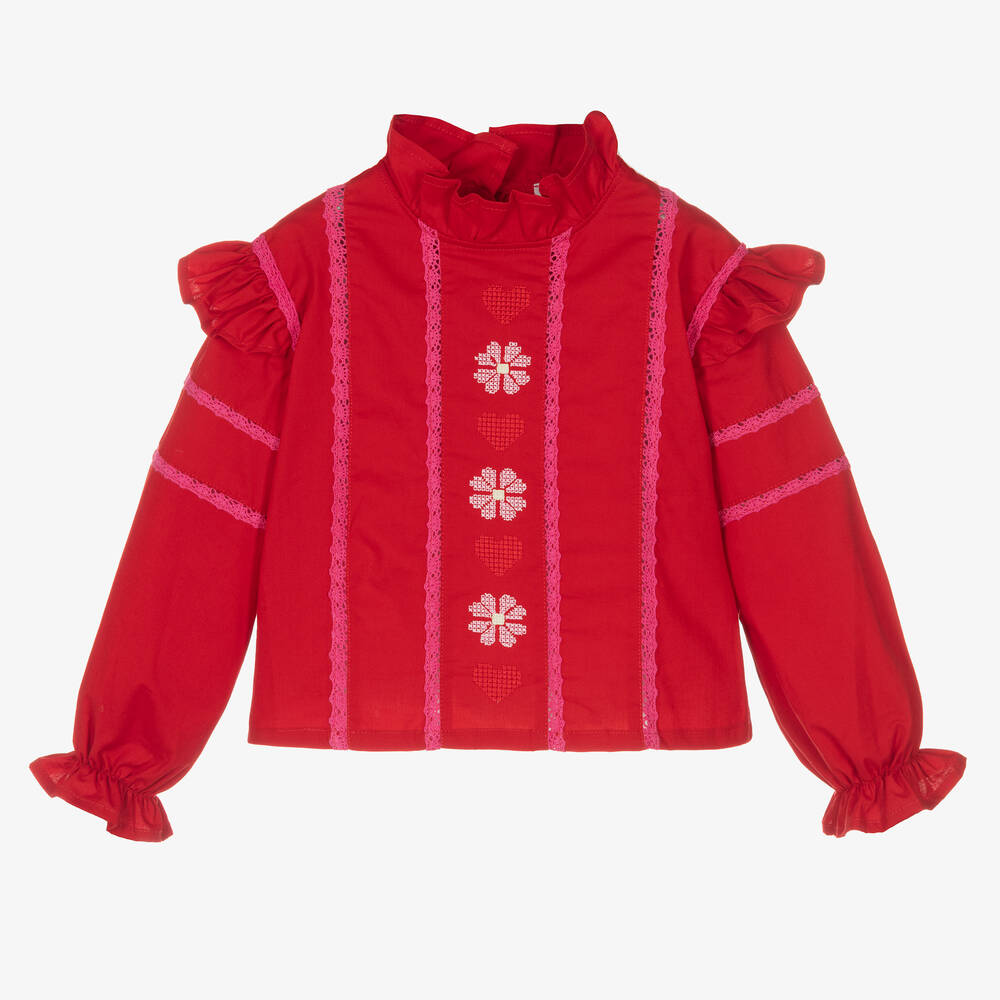 RaspberryPlum - Rote Baumwollbluse mit Spitze (M) | Childrensalon