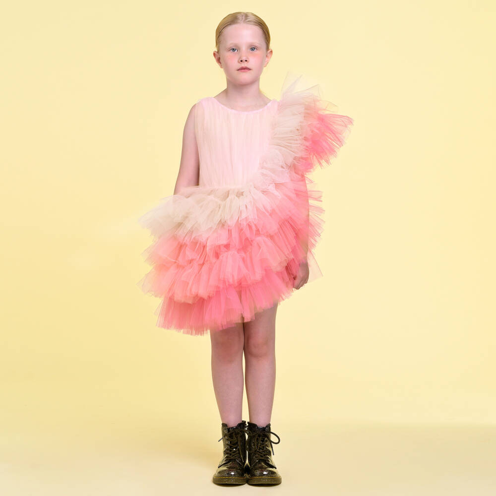 RaspberryPlum-فستان وردي غير متماثل للبنات مع كشكش | Childrensalon Outlet