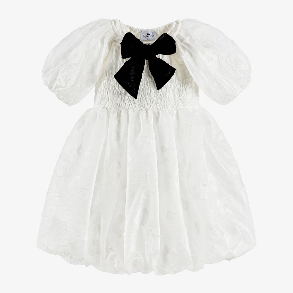 RaspberryPlum-Girls White Floral Jacquard Dress with Black Bow | Childrensalon Outlet
