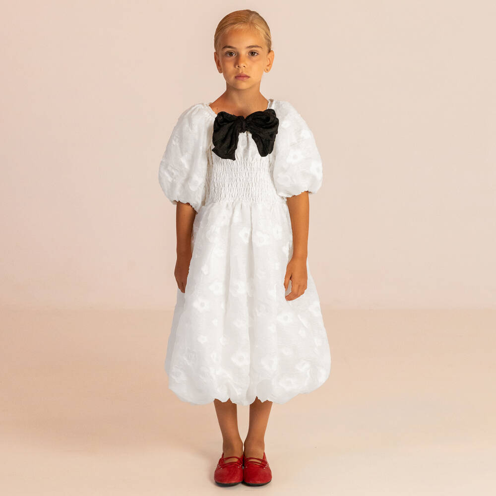 RaspberryPlum-Girls White Floral Jacquard Dress with Black Bow | Childrensalon Outlet