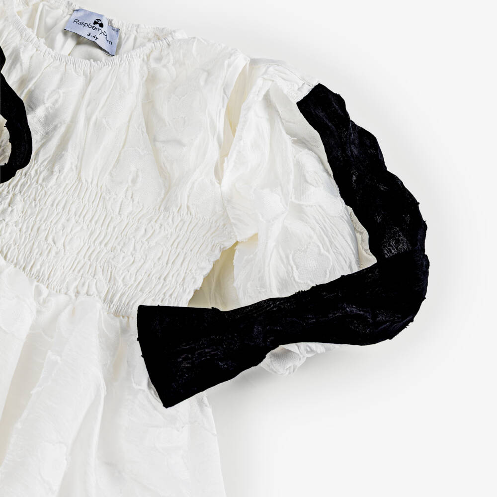 RaspberryPlum-Girls White Floral Jacquard Dress with Black Bow | Childrensalon Outlet