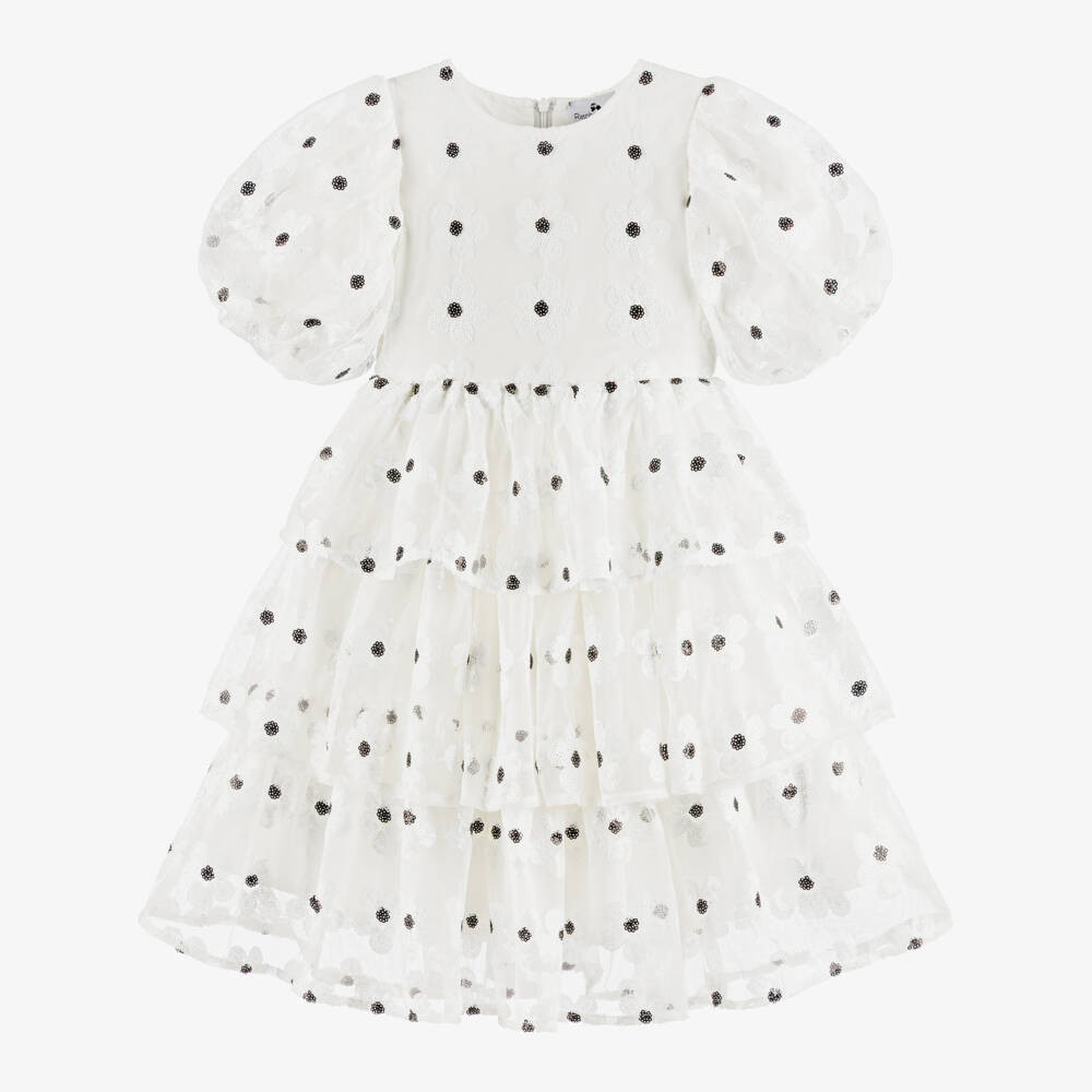RaspberryPlum-Girls White Tulle Dress with Sequinned Daisies | Childrensalon Outlet