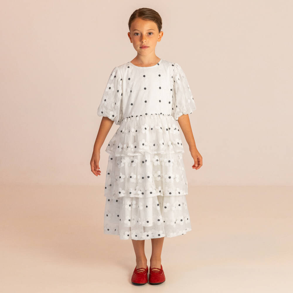 RaspberryPlum-Girls White Tulle Dress with Sequinned Daisies | Childrensalon Outlet
