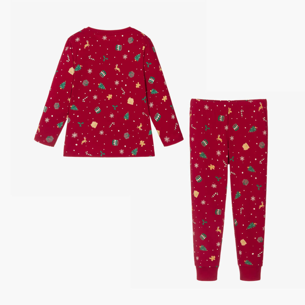 NAME IT-Red Cotton Jersey Festive Print Long Pyjamas | Childrensalon Outlet