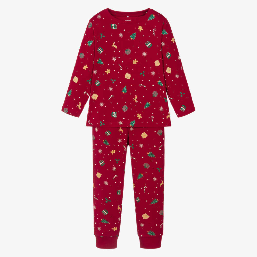 NAME IT-Red Cotton Jersey Festive Print Long Pyjamas | Childrensalon Outlet
