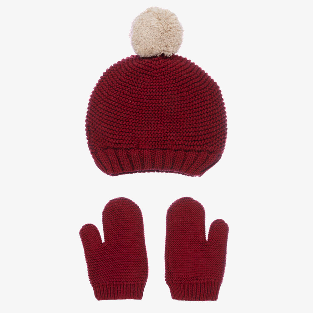 Babidu-Red Cotton Knit Hat & Mittens Set | Childrensalon Outlet