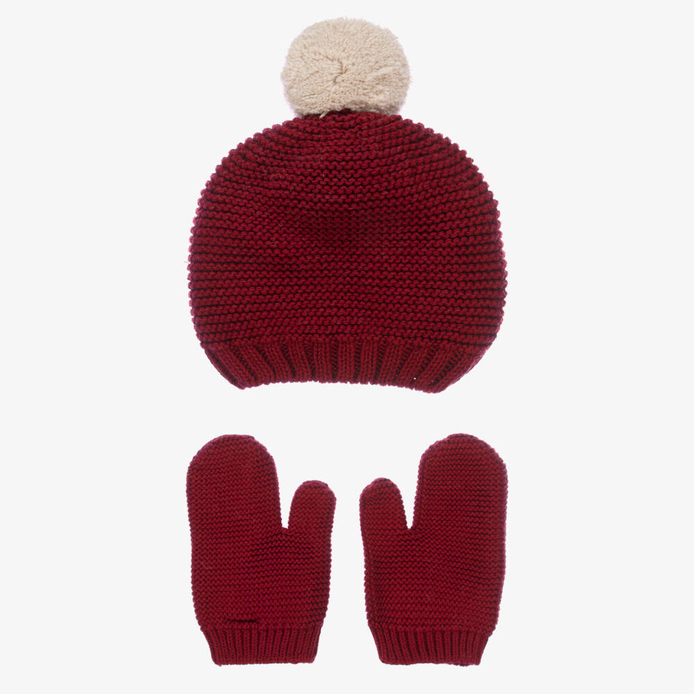 Babidu-Red Cotton Knit Hat & Mittens Set | Childrensalon Outlet