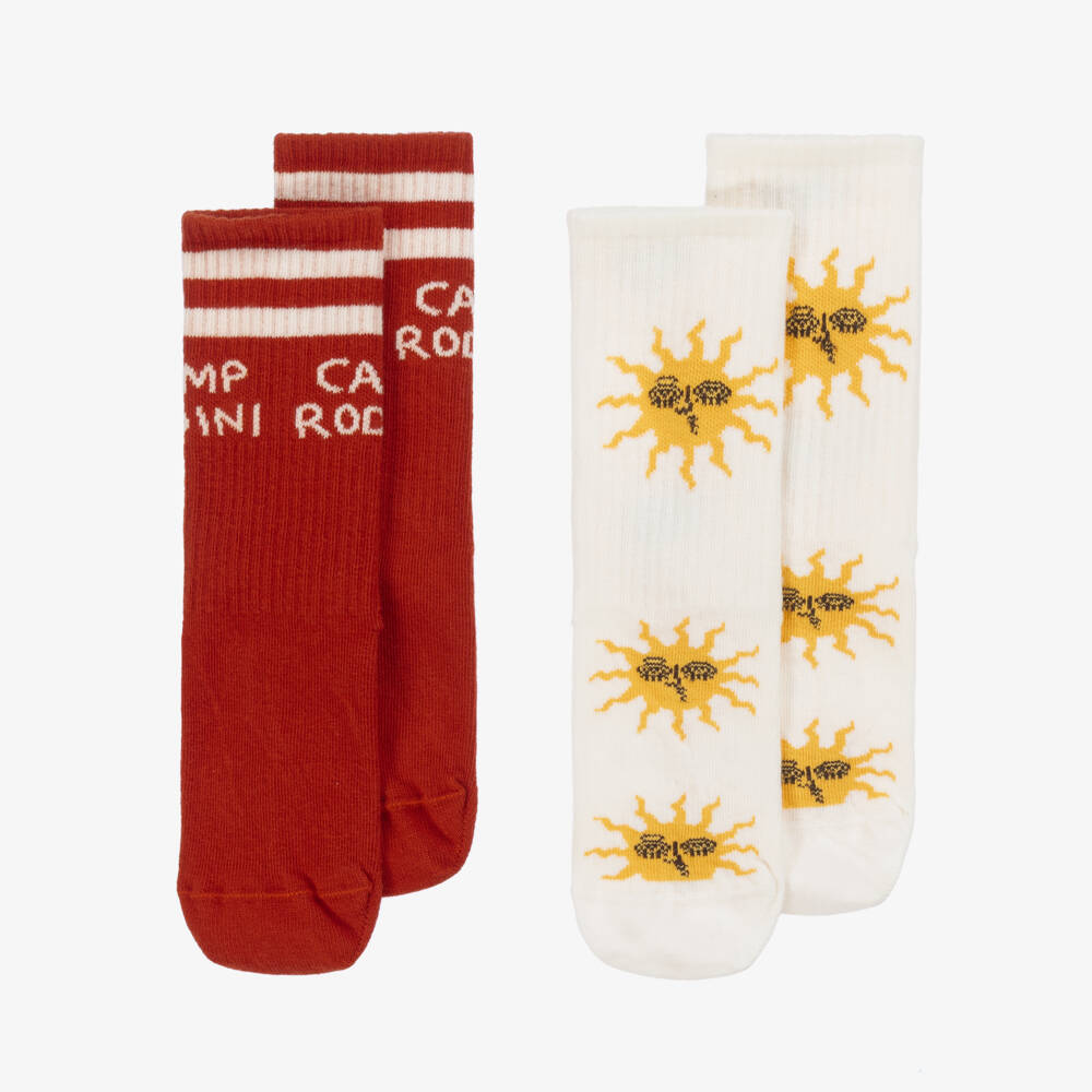 Mini Rodini-Red & Ivory Cotton Anti-Slip Sun Print Socks (2 Pack) | Childrensalon Outlet