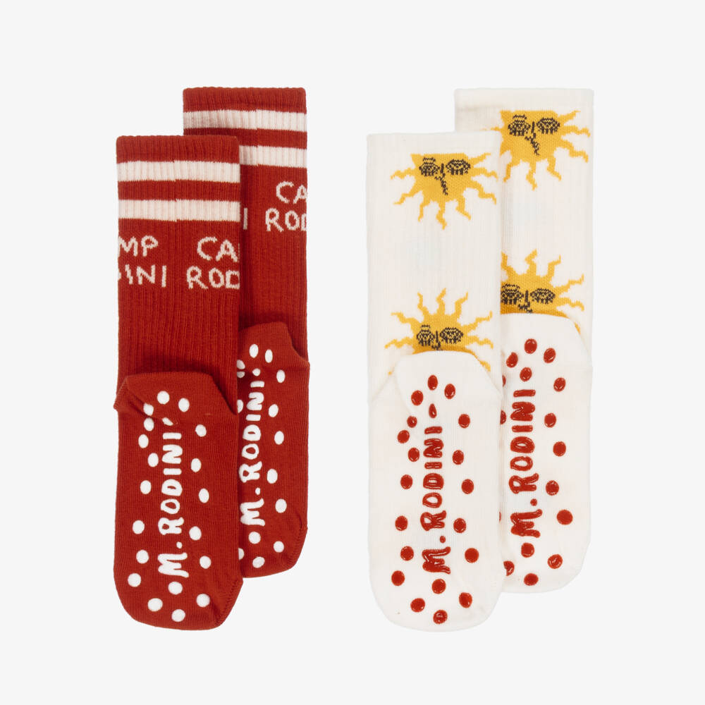 Mini Rodini-Red & Ivory Cotton Anti-Slip Sun Print Socks (2 Pack) | Childrensalon Outlet
