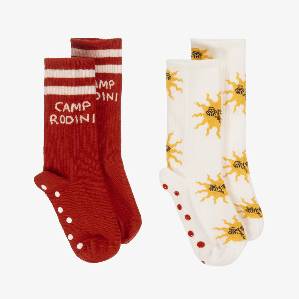 Mini Rodini-Red & Ivory Cotton Anti-Slip Sun Print Socks (2 Pack) | Childrensalon Outlet