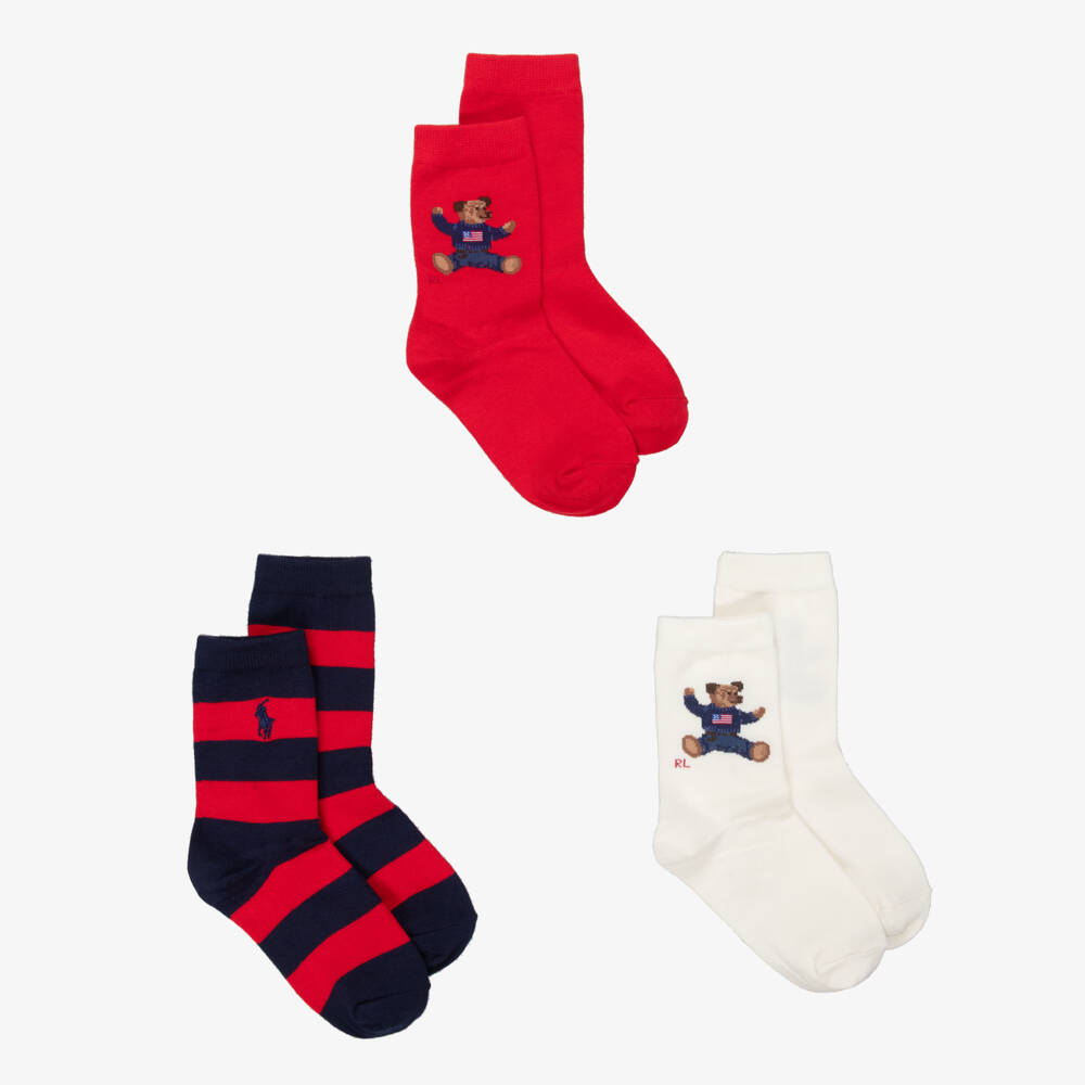 Ralph Lauren-Red & Ivory Knitted Socks with Polo Bear Motif (3 Pack) | Childrensalon Outlet