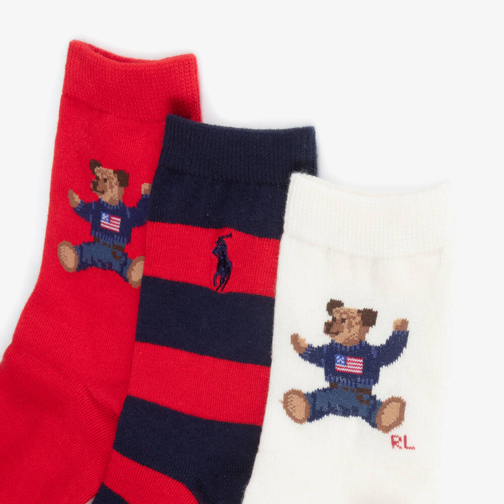 Ralph Lauren-Red & Ivory Knitted Socks with Polo Bear Motif (3 Pack) | Childrensalon Outlet
