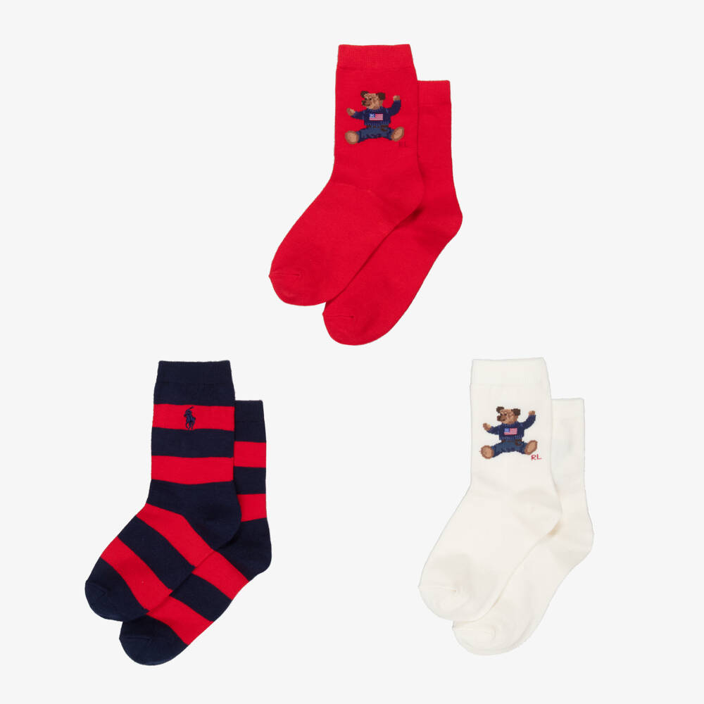 Ralph Lauren-Red & Ivory Knitted Socks with Polo Bear Motif (3 Pack) | Childrensalon Outlet