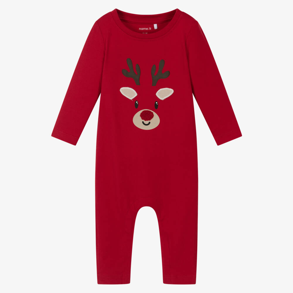NAME IT-Red Organic Cotton Reindeer Romper | Childrensalon Outlet