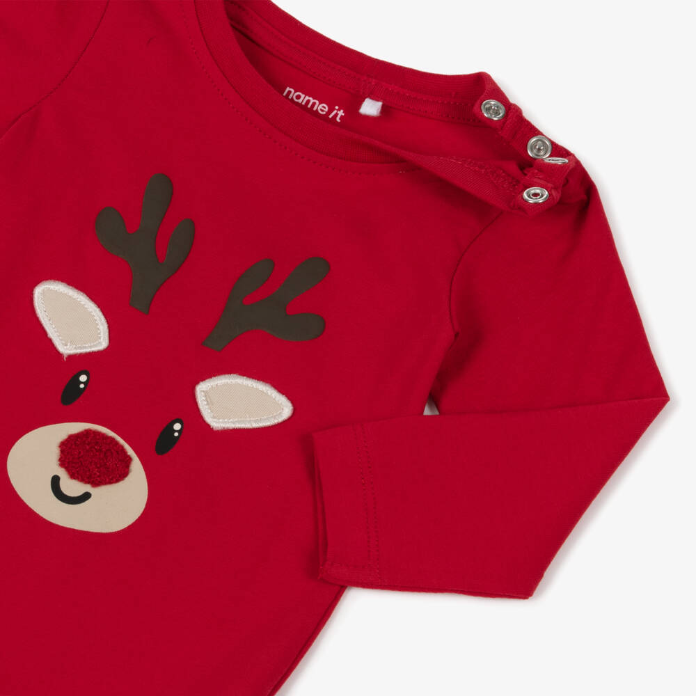 NAME IT-Red Organic Cotton Reindeer Romper | Childrensalon Outlet