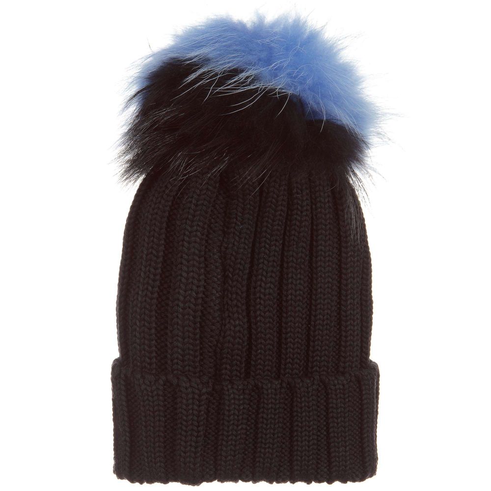 Regina - Girls Black Wool Pom-Pom Hat | Childrensalon