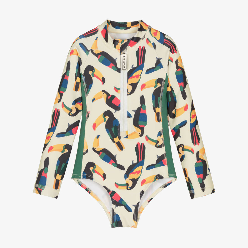 Roarsome-Girls Ivory & Green Toucan Print Long Sleeve Swimsuit | Childrensalon Outlet