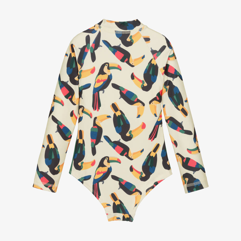 Roarsome-Girls Ivory & Green Toucan Print Long Sleeve Swimsuit | Childrensalon Outlet