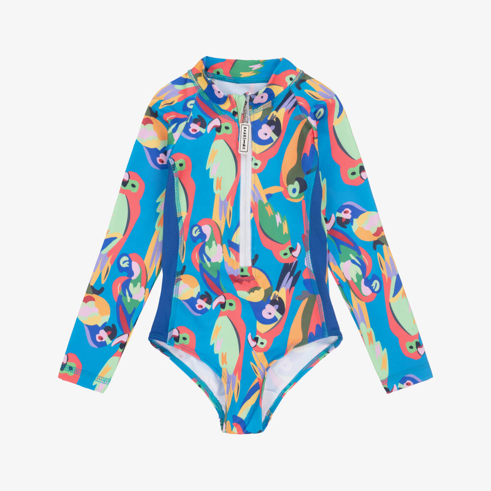 Roarsome-Girls Long-Sleeve Blue Parrot Swimsuit | Childrensalon Outlet