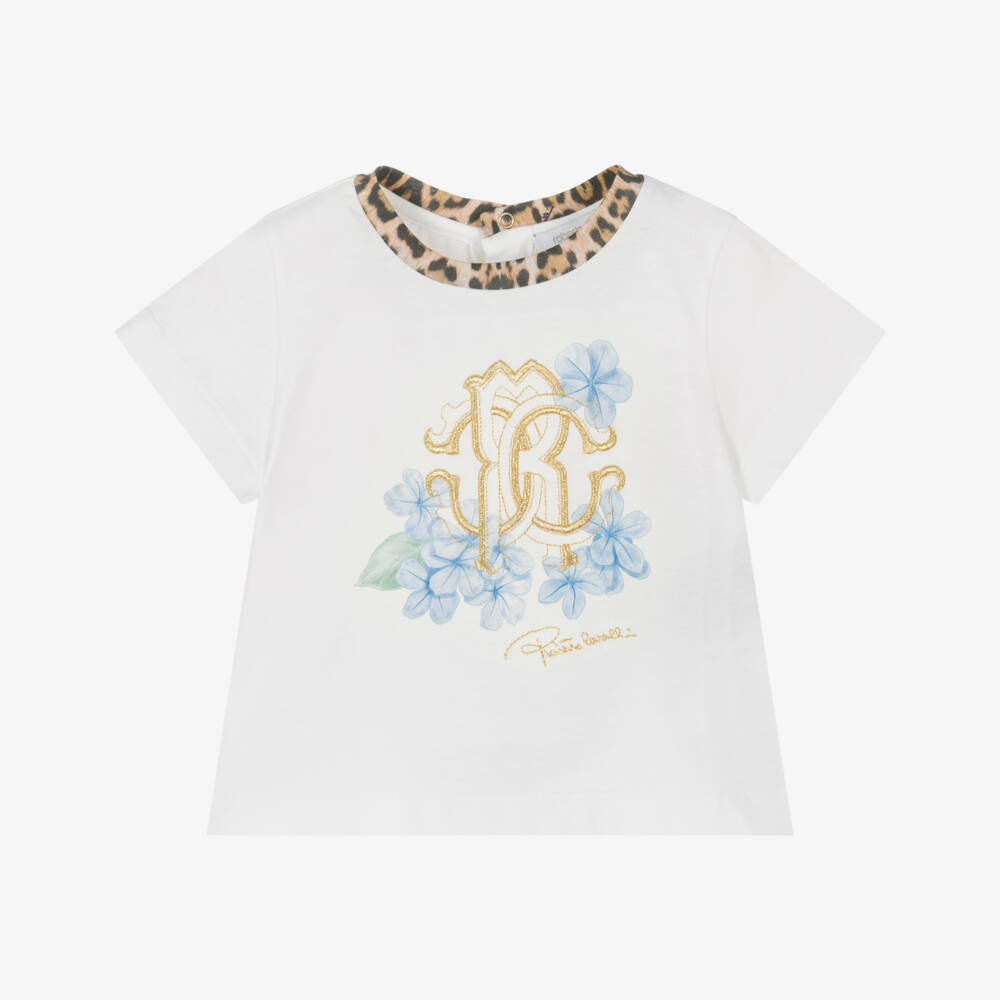 Roberto Cavalli-Baby Girls White Cotton Floral & Monogram T-Shirt | Childrensalon Outlet