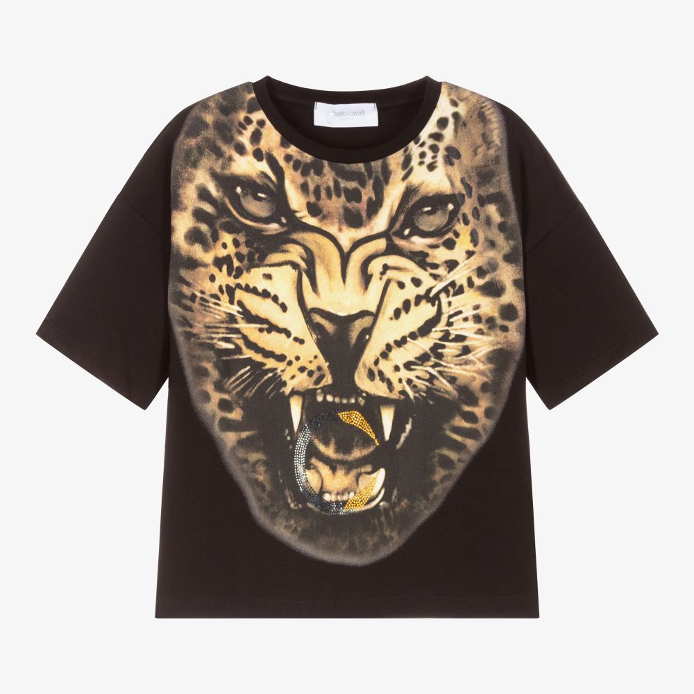 Roberto Cavalli - Черная хлопковая футболка с леопардом | Childrensalon