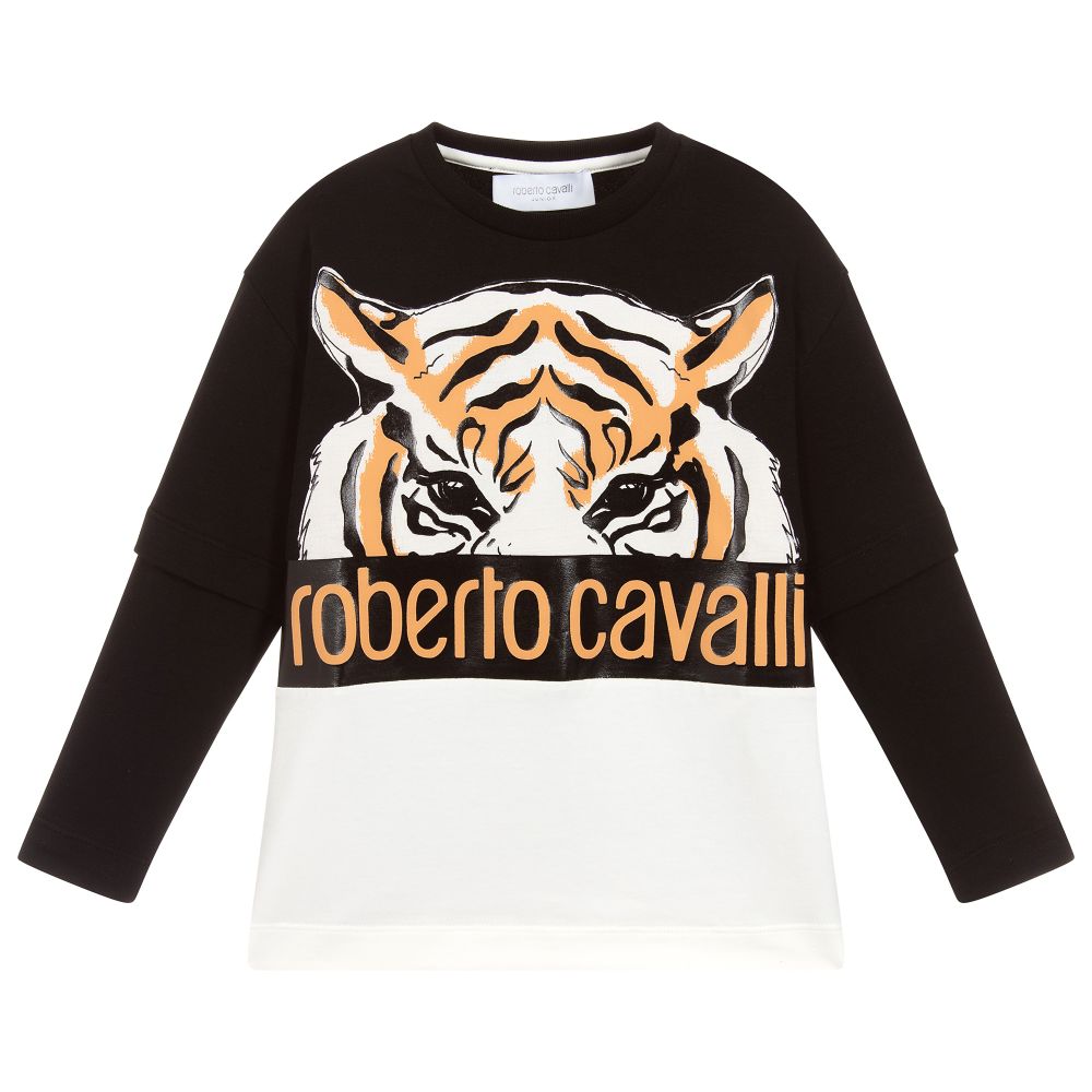 Roberto Cavalli - توب قطن جيرسي لون عاجي وأسود للأولاد | Childrensalon