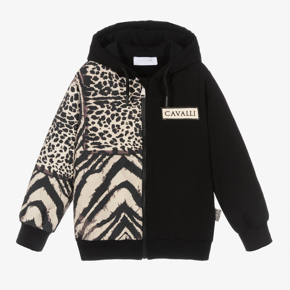 Roberto Cavalli-توب هودي بسحَّاب قطن جيرسي لون أسود وعاجي للأولاد | Childrensalon Outlet