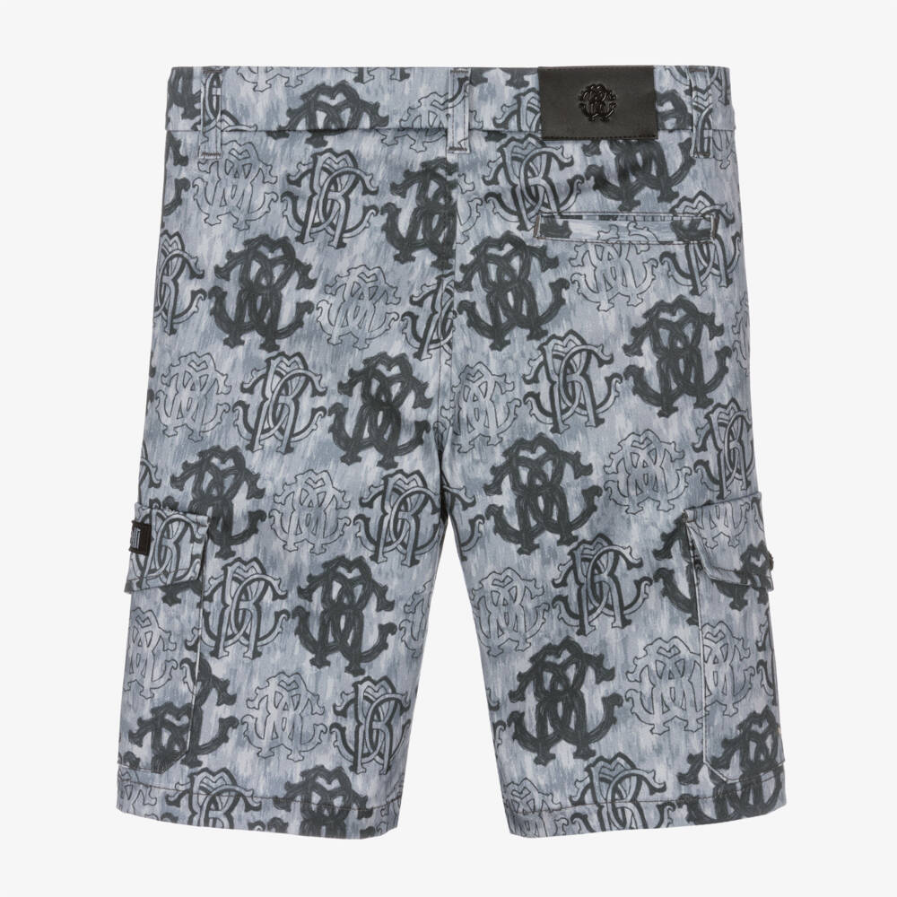 Roberto Cavalli-Boys Grey-Blue Monogram Cargo Shorts | Childrensalon Outlet