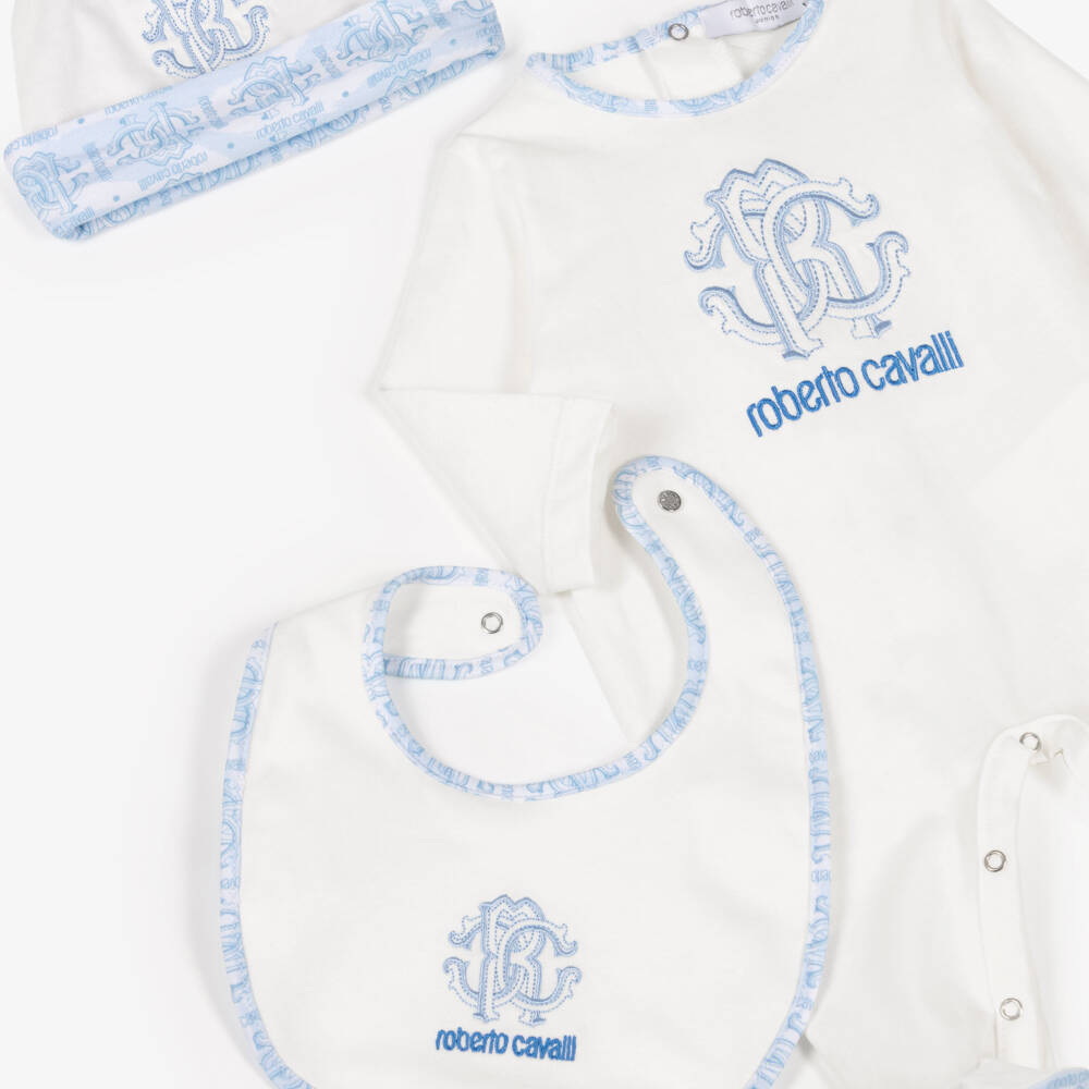 Roberto Cavalli-Boys Ivory & Blue Cotton RC Monogram Logo Babysuit Set | Childrensalon Outlet