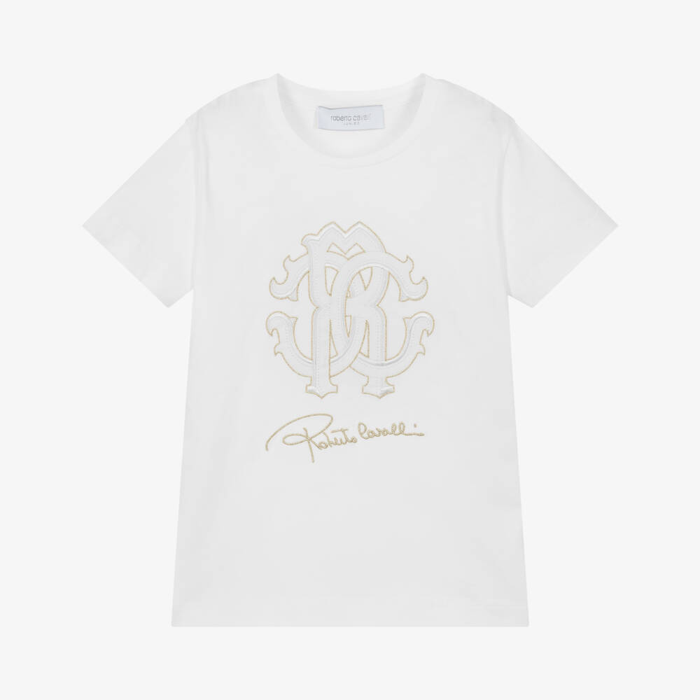 Roberto Cavalli-تي شيرت فاخر أبيض وذهبي للأولاد | Childrensalon Outlet