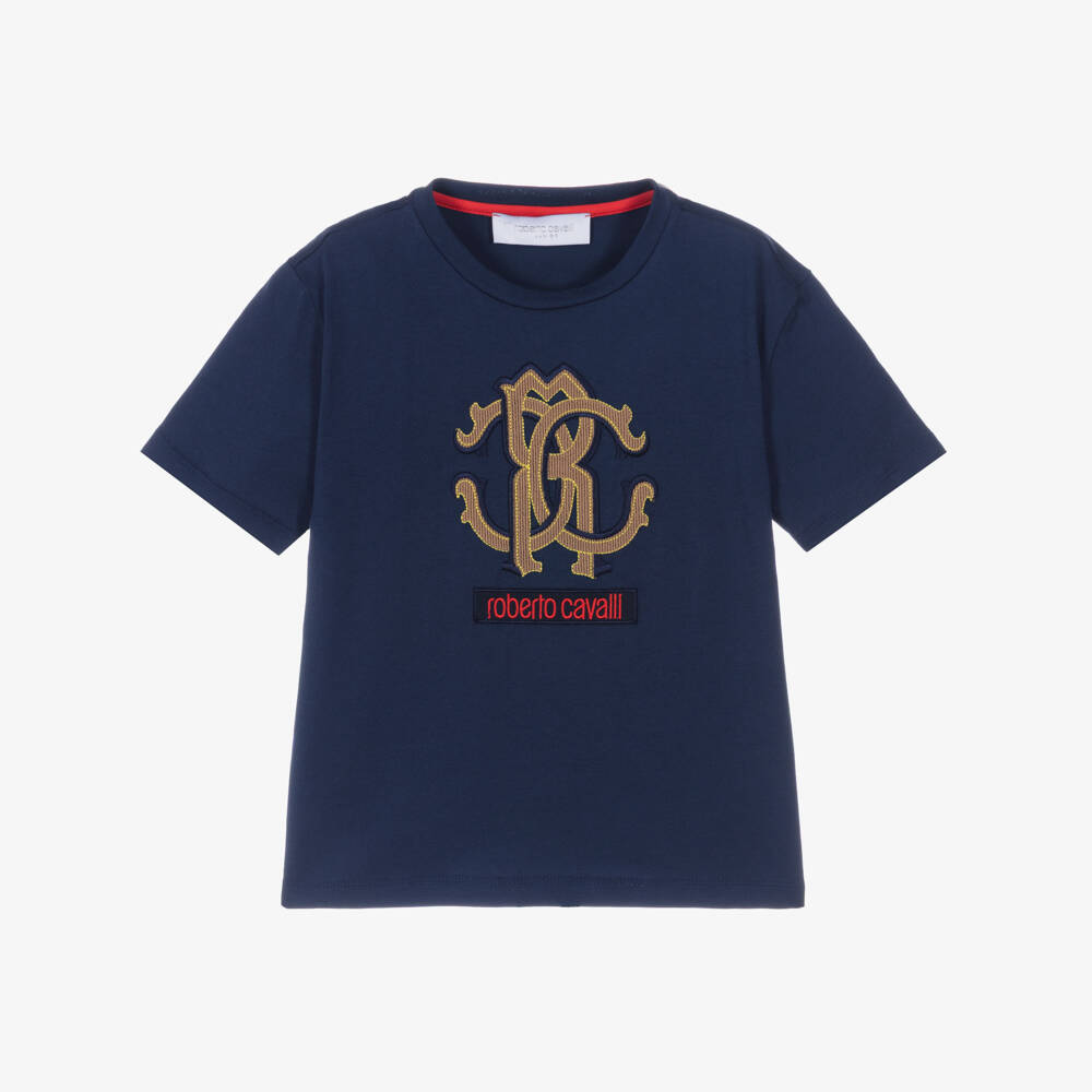 Roberto Cavalli-Boys Navy Blue Cotton Monogram Logo T-Shirt | Childrensalon Outlet